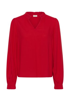 Punane pluus pikkade, läbilõõtsutatud varrukatega, V-kujulise kaelusega ja krae kokkutoidetud volang detailiga. Pehme kangas, sileda tekstuuriga.