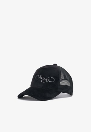 Ed Hardy, UNISEX DIAMANTE VELOUR 5 PANEL TRUCKER CAP - Cap - black