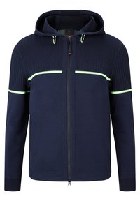 Sweat à capuche zippé marine avec texture côtelée sur les épaules, bandes contrastantes vert fluo à travers la poitrine, capuche avec cordon ajustable et fermeture éclair à l'avant.