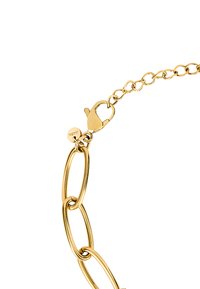 Gouden ketting met een geschakelde ovale kettingontwerp, voorzien van een kreeftenhaak en een gestructureerd oppervlak. Opvallende glanzende afwerking en verstelbare lengte.