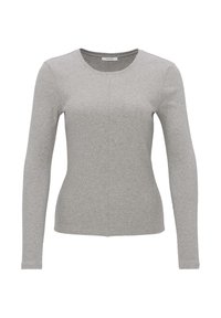 Gray long-sleeve shirt made of ribbed fabric with a round neckline and fitted silhouette; features seam details down the front.