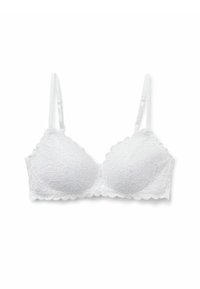 Witte kanten bh met scalloped randen, met een voorgevormd cupdesign en verstelbare dunne bandjes. Getextureerd bloemenpatroon overal.