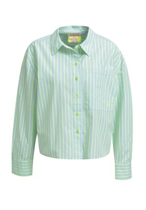 Light blue button-up shirt with vertical yellow stripes, long sleeves, chest pocket, and pointed collar.