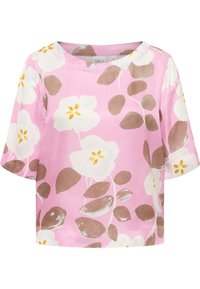 Lyserød kortærmet bluse med blomstermotiv, der har hvide og brune blomster samt gule accenter. Blød stof med rund udskæring.