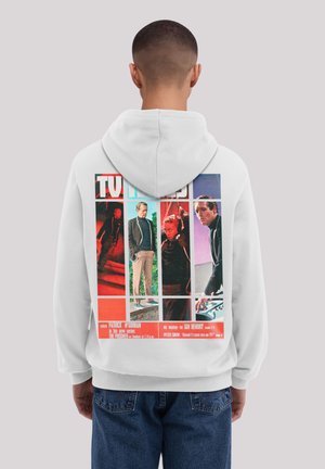 White hoodie featuring a graphic print on the back with colorful panels, text, and images related to a TV series, "The Prisoner."