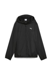 Veste coupe-vent noire en matériau léger. Comprend une capuche, un zip frontal et un logo Puma blanc sur la poitrine. Deux poches latérales.