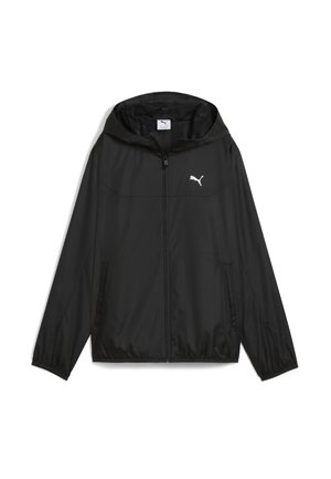 Crna windbreaker jakna izrađena od laganog materijala. Ima kapuljaču, prednji zipper i bijeli Puma logo na prsima. Dva bočna džepa.