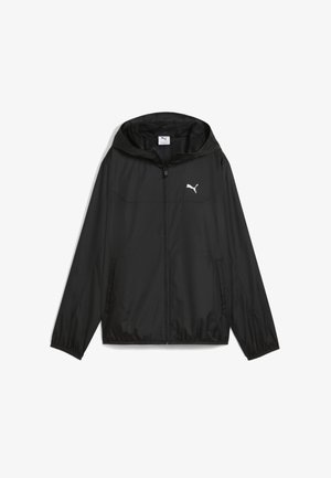 Mustat tuulitakki, joka on valmistettu kevyestä materiaalista. Varustettu hupulla, etuvetoketjulla ja valkoisella Puma-logolla rinnassa. Kaksi sivutaskua.