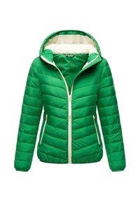 Green padded jacket with a hood, featuring a front zipper, two side pockets, and a light-colored interior lining. Textured surface with horizontal stitching.