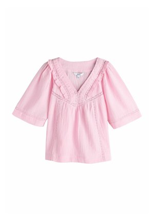 Šviesiai rožinė palaidinė su 3/4 ilgio rankovėmis, V formos iškirpte, raukiniais ir nėrinių detalėmis priekyje ir rankovėse, pagaminta iš tekstūruotos medžiagos.