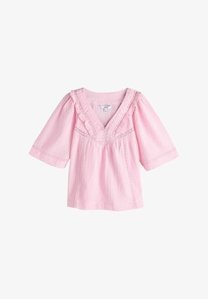 Šviesiai rožinė palaidinė su 3/4 ilgio rankovėmis, V formos iškirpte, raukiniais ir nėrinių detalėmis priekyje ir rankovėse, pagaminta iš tekstūruotos medžiagos.