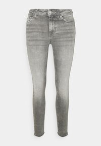 Szare wąskie dżinsy wykonane z denimu, z wyblakłym wykończeniem, klasycznym pięciopocketowym wzorem, postrzępionym dołem i średnim stanem.