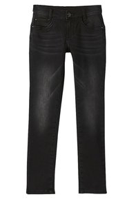 Jeans ajustados negros con cinco bolsillos, presillas para cinturón y cierre de botón. La tela presenta un ligero brillo y un desvanecimiento sutil.