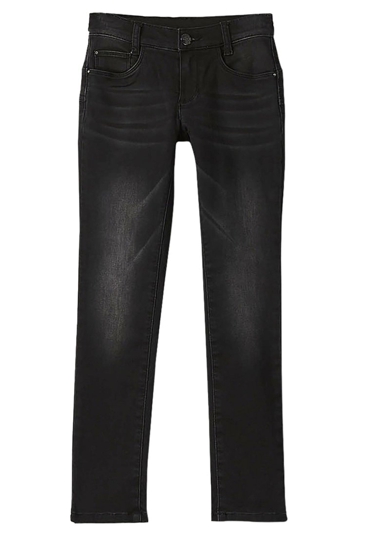Jeans ajustados negros con cinco bolsillos, presillas para cinturón y cierre de botón. La tela presenta un ligero brillo y un desvanecimiento sutil.