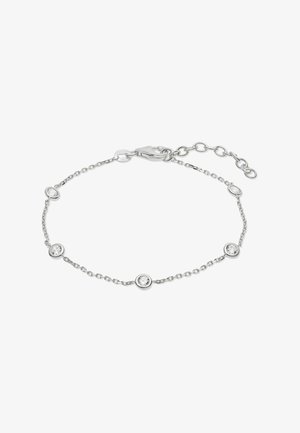 Zierliches Silberkettenarmband mit fünf gleichmäßig verteilten runden klaren Edelsteinen und einem Karabinerverschluss mit verstellbaren Gliedern.