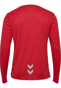 Rode sportieve shirt met lange mouwen, een ronde hals, gestructureerde stof en drie grijze chevrons op de onderrug.