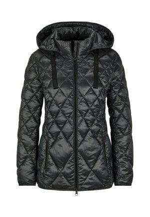 Black quilted jacket with a hood, featuring a zip closure and diagonal stitching pattern. Made from glossy, synthetic material.