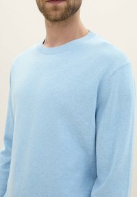 Hellblauer Strickpullover mit Rundhalsausschnitt und langen Ärmeln, der ein dezentes Logodetail auf der Brust aufweist. Weiche, glatte Textur.