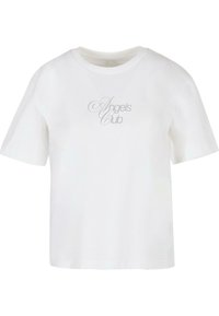 Balta medvilninė marškinėliai trumpomis rankovėmis, su apvaliu kaklu, ir lengvai pilku šriftu užrašytas "Angels Club" priekyje.