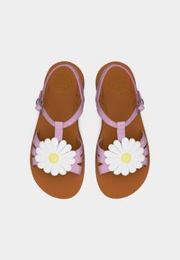 Παιδικά καφέ σανδάλια με ροζ λουράκια και μεγάλες λευκές διακοσμήσεις μαργαρίτας στην κορυφή, φωτογραφημένα από πάνω σε λευκό φόντο.