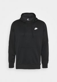 Schwarze Kapuzenjacke aus weichem Stoff mit einer Vordertasche, verstellbarem Kordelzug an der Kapuze und einem weißen Nike-Logo auf der Brust und den Ärmeln.
