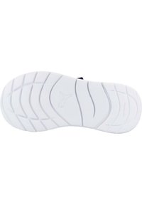 Suela de zapato de goma blanca con patrón de tracción texturizado, con un logo central y bordes lisos, diseñada para superficies que no marcan.