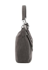Gray suede handbag with silver zipper and detachable strap, shown from the side on a white background.