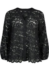 Svart långärmad blus i spets med blommönster, knappstängning framtill, vågig fåll och elastiska ärmslut.