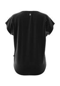 Zwart sporttop met korte mouwen van een gladde, textuurstof. Rond afgeknipte onderkant en klein logo aan de achterkant. Lichtgewicht ontwerp voor comfort.