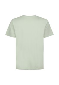 Koszulka z krótkim rękawem w jasnym zielonym kolorze, wykonana z bawełny, z klasycznym okrągłym dekoltem i luźnym krojem; gładka faktura, bez widocznych wzorów czy akcentów.