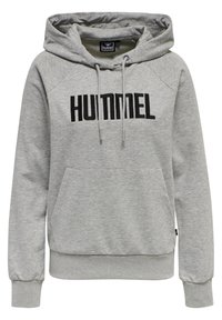 Sweat à capuche gris avec une poche kangourou à l'avant, une capuche à cordon de serrage et le logo "HUMMEL" en noir sur la poitrine. Confectionné en tissu doux avec des poignets côtelés.
