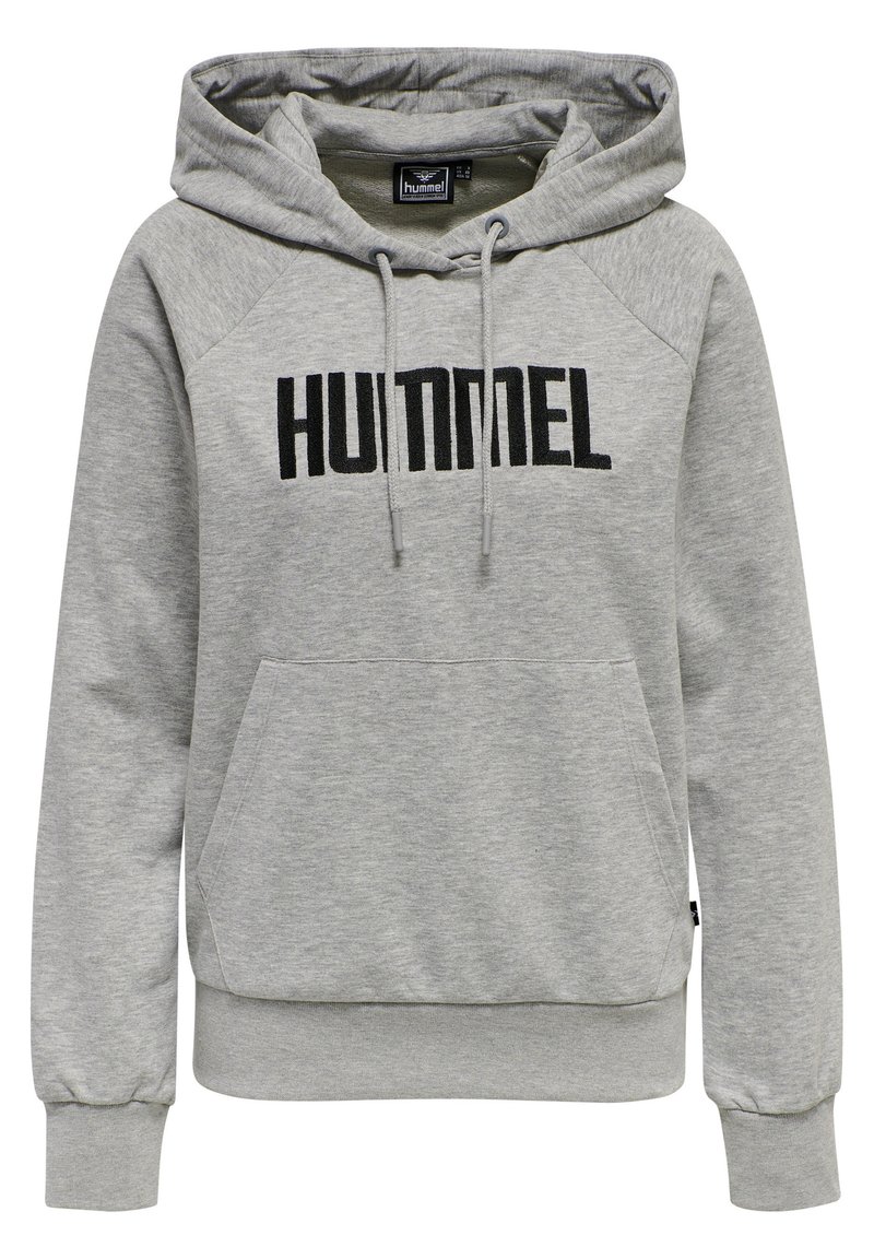 Sweat à capuche gris avec une poche kangourou à l'avant, une capuche à cordon de serrage et le logo "HUMMEL" en noir sur la poitrine. Confectionné en tissu doux avec des poignets côtelés.