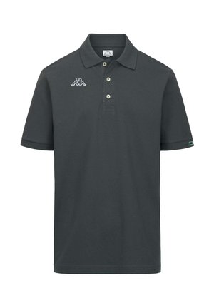 Polo a maniche corte di colore grigio scuro con tre bottoni, colletto e un piccolo logo bianco sul petto sinistro e sulla manica.