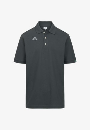 Polo a maniche corte di colore grigio scuro con tre bottoni, colletto e un piccolo logo bianco sul petto sinistro e sulla manica.