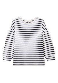 Gestreiftes Langarmshirt in Weiß und Marineblau, mit Rundhalsausschnitt und gerafften Ärmeln, aus weichem, leichtem Stoff.