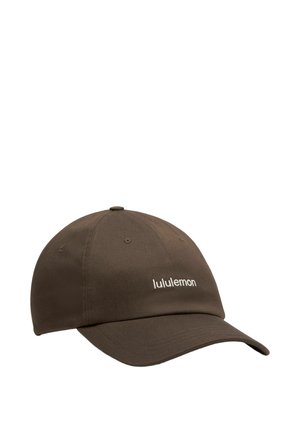 Braune Lululemon Baseballkappe mit gebogenem Schirm und gesticktem Markennamen auf der vorderen Mitte.
