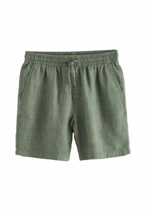 Green linen shorts with elastic waistband, drawstring, and side pockets on a white background.