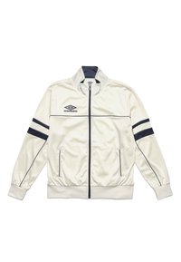 Biała kurtka sportowa z granatowymi paskami, zamek błyskawiczny, dwa boczne kieszenie i ściągacze przy mankietach. Wykonana z gładkiego materiału z logo na piersiach.