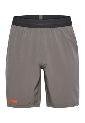 Heren sportshorts in het grijs, met een elastische tailleband, een gladde textuur en een oranje logo op het linkerpoot.