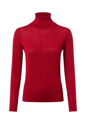 Czerwony sweter z golfem wykonany z lekkiej dzianiny. Posiada długie rękawy oraz dopasowany krój z wysokim kołnierzem.