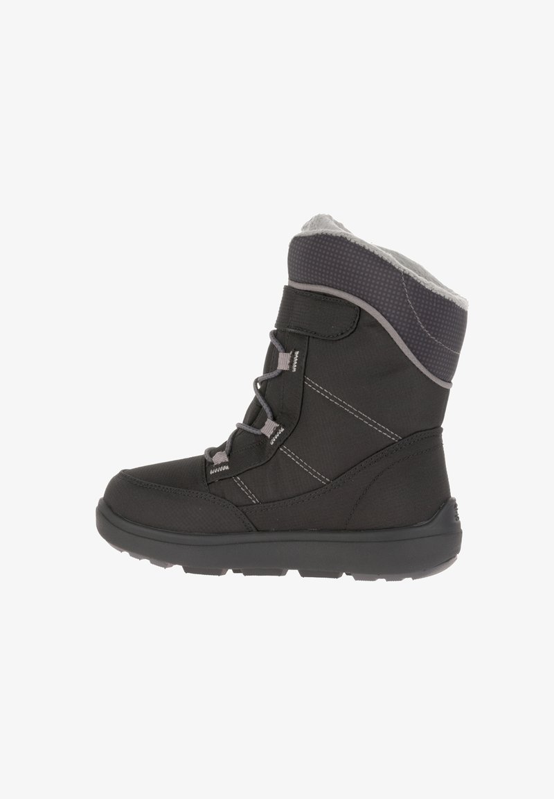 Black waterproof winter boot with a padded grey collar, lace-up front, and textured rubber outsole. Features stitched accents.