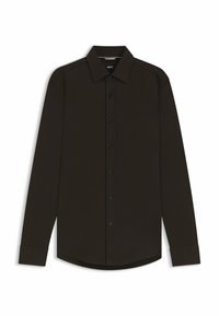 Zwarte lange mouwen shirt gemaakt van soepele stof; heeft een klassieke kraag, knoopsluiting aan de voorkant en een rechte zoom met knoopmanchetten.