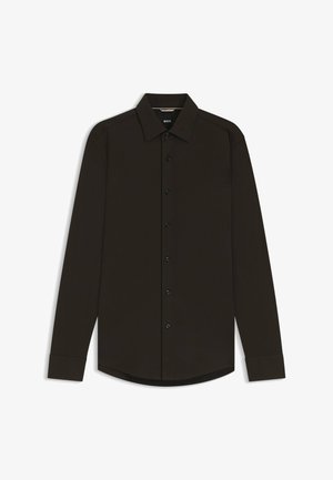 Zwarte lange mouwen shirt gemaakt van soepele stof; heeft een klassieke kraag, knoopsluiting aan de voorkant en een rechte zoom met knoopmanchetten.