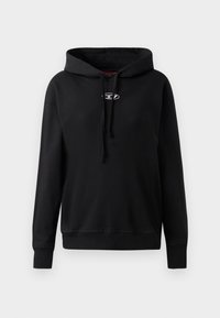 Black hoodie made of soft fabric. Features a front kangaroo pocket, adjustable drawstring hood, and a silver logo on the chest.