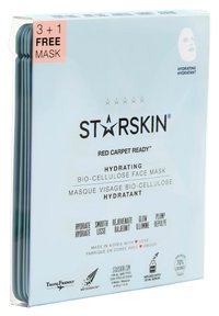 Masque facial hydratant en bio-cellulose dans une boîte bleu clair, avec une étiquette rose "3 + 1 MASQUE GRATUIT" et des informations détaillées sur le produit en texte noir.