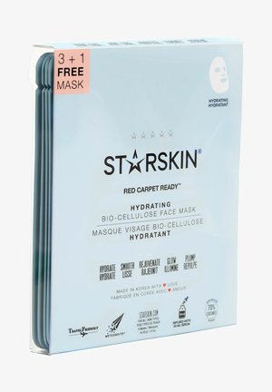 Kostuttava bio-celluloosakasvomaskeerauspakkaus vaaleansinisessä laatikossa, jossa on pinkki "3 + 1 ILMAINEN MASKI" -etiketti ja yksityiskohtaiset tuotetiedot mustalla tekstillä.