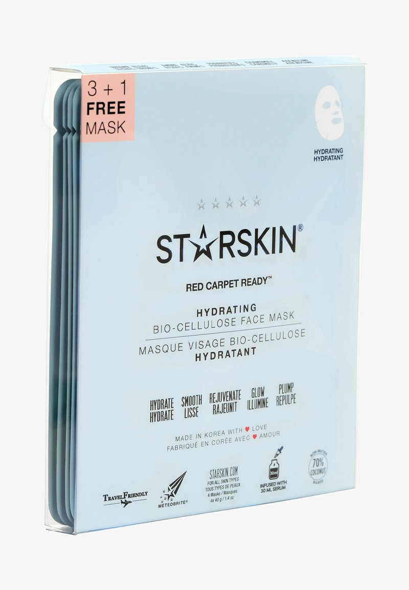 Hydraterend bio-cellulose gezichtsmasker in een lichtblauwe doos, met een roze "3 + 1 GRATIS MASKER" label en gedetailleerde productinformatie in zwarte tekst.