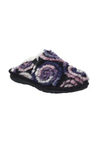 Felt slipper with swirling purple, pink, and black patterns. Soft texture, open back, and a black rubber sole for grip.