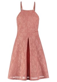 Spitzenkleid in zartem Rosé mit verstellbaren dünnen Trägern, taillierter Oberseite und schwingendem Rock, der mit einem vorderen Schlitz für zusätzliche Details versehen ist.