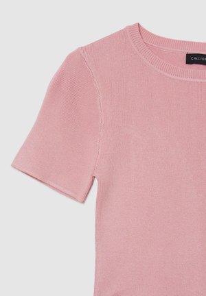 Top a maniche corte in maglia rosa caratterizzato da una texture a coste e un collo rotondo, con un design pulito e minimalista, senza motivi o dettagli visibili.
